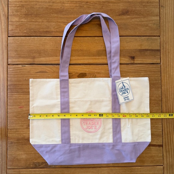 NWT Trader Joe’s LARGE Canvas Reusable Tote Bag - Cream with Lavender Straps - Picture 5 of 9